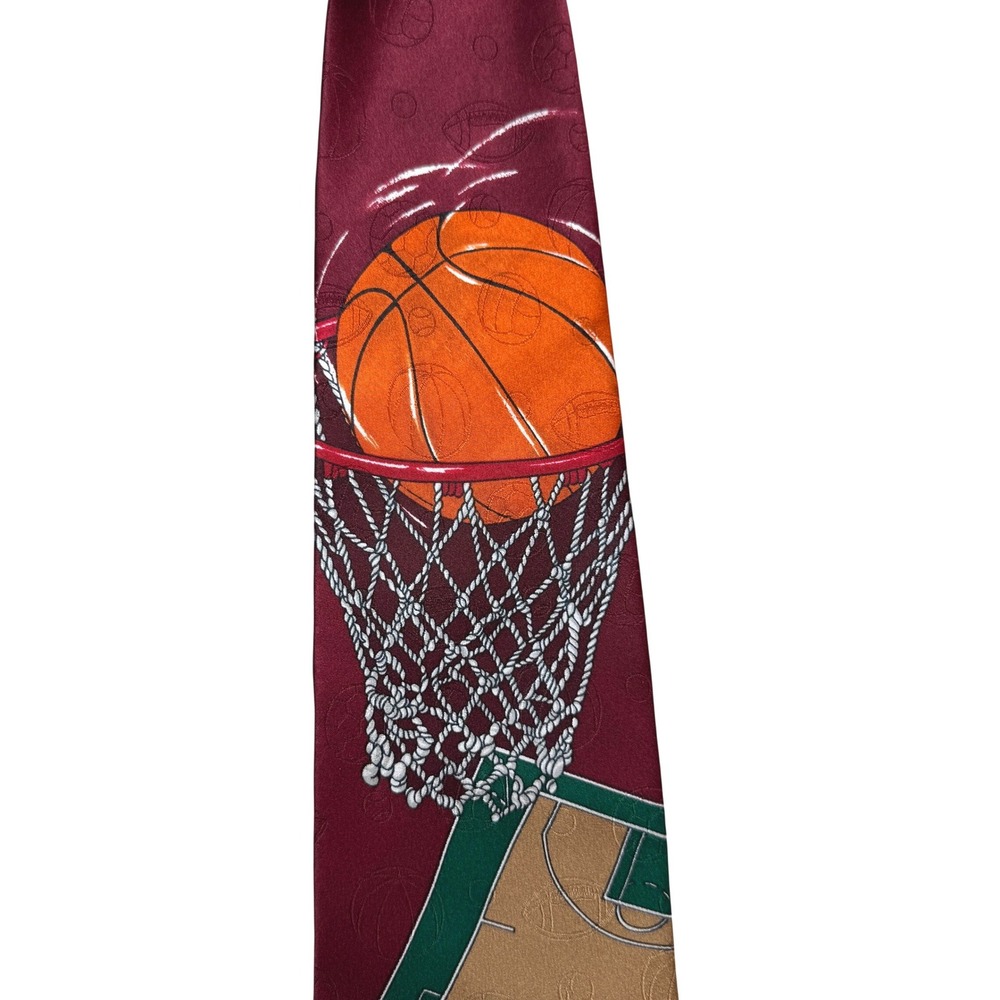 Vtg Evan-Picone Basketball Novelty Tie 58" Men Burgundy Hoop Silk Sport Athletic